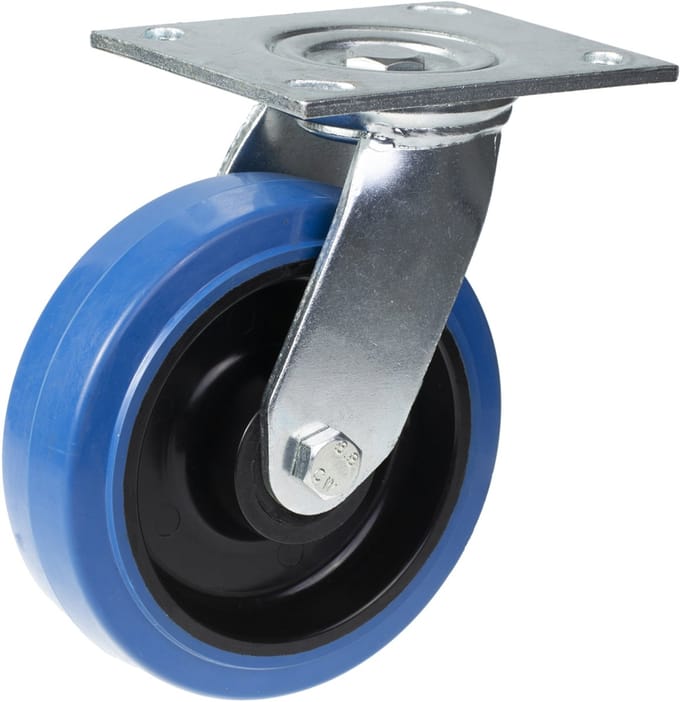 Draaibare wiel van 160 mm met blauw elastisch rubber op een nylon middenwiel