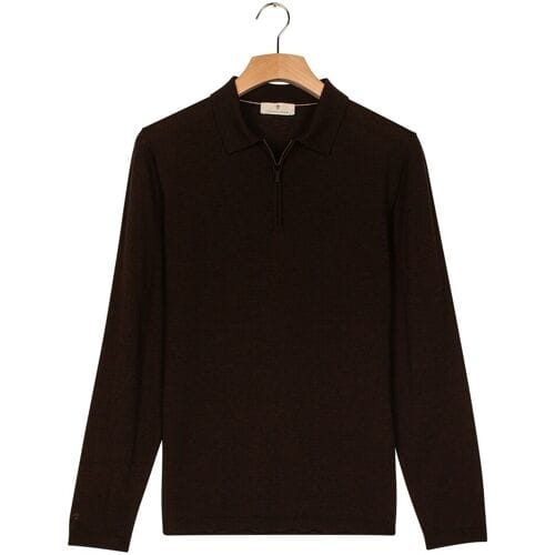 Thomas Maine Trui Zip Collar Long Sleeve Merino Wool Single Knit Bruin / male