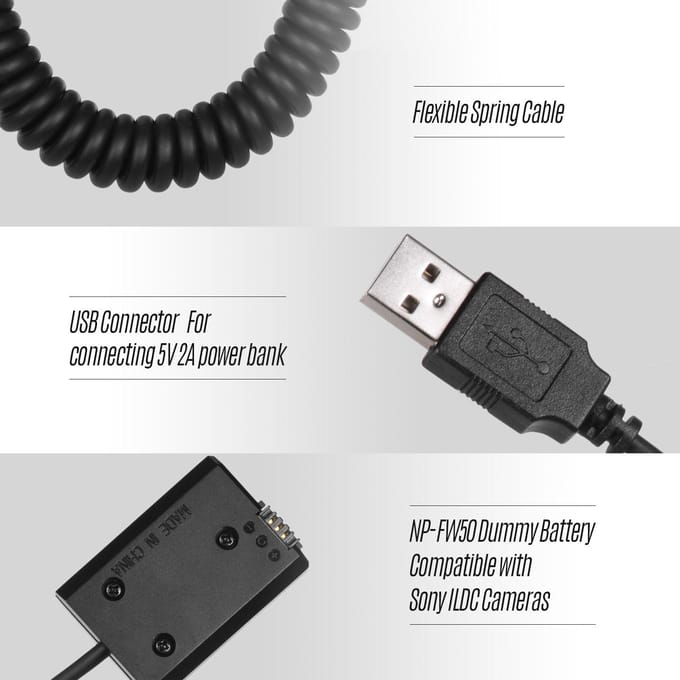 5V USB NP-FW50 Dummy Batterijpakket Koppelaar Adapter met Flexibele Veerkabel Compatibel met zwart