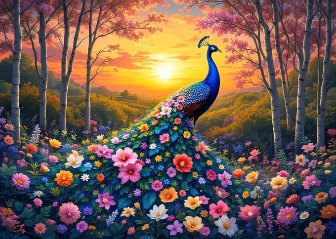 40x30cm Diamond Painting bloemen pauw (vierkant) nr 166