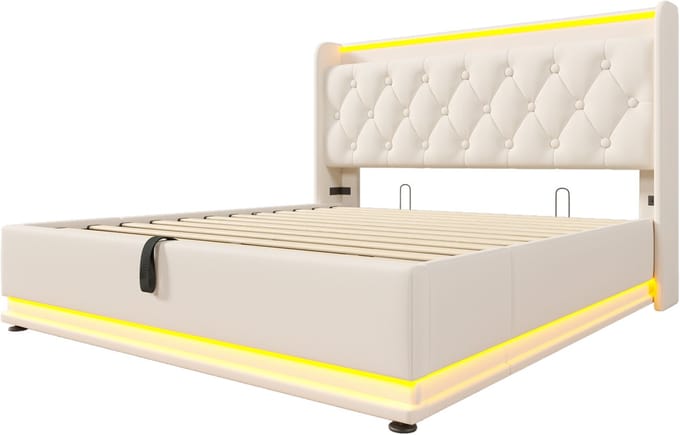 COVREO Bedframe 140x200 cm - 154 cm breed, wit PU, led, zonder matras