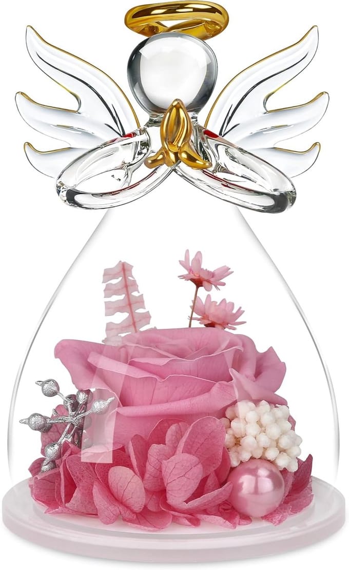 Engel met Roos - Bloemen Engel - Cadeau Geven - Echt Roze Bloem - 11 cm Hoog - Roze