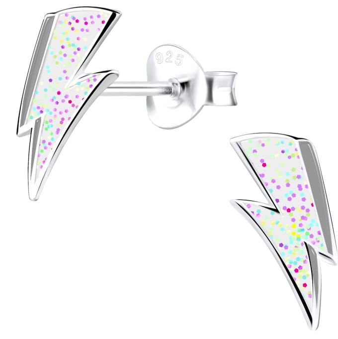 Joy|S - Zilveren bliksem oorbellen - 5 x 10 mm - wit zilver met glitter