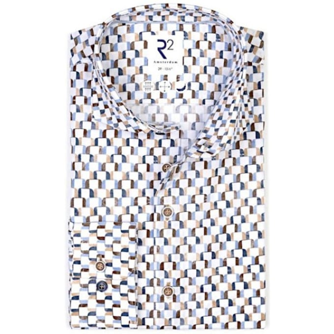 R2 Poplin Overhemd Print Multicolor - Maat 45 - Heren - Overhemden Formeel