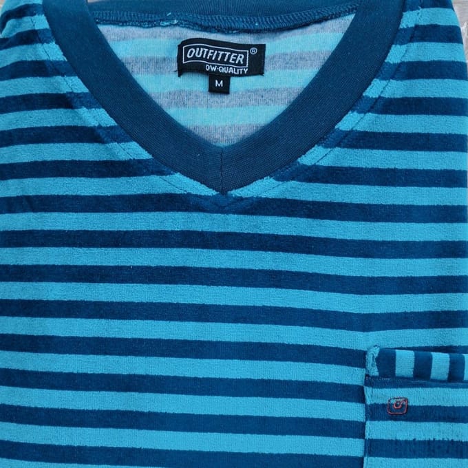 Outfitter heren pyjama - velours - maat XL - Smile streep - marine/turquoise