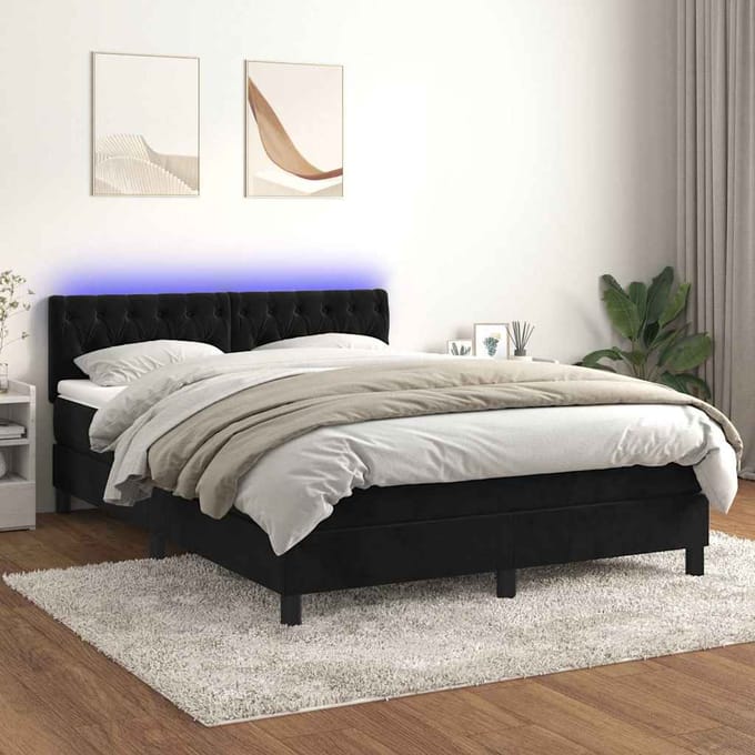 vidaXL - Boxspring - met - matras - en - LED - fluweel - zwart - 140x200 - cm