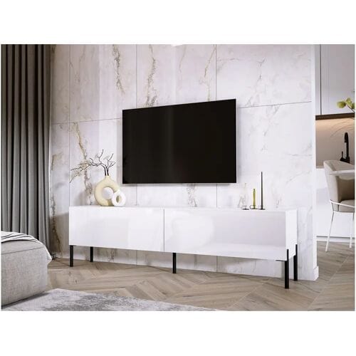 TV-meubel: Mat Wit / Glanzend Wit, zwarte poten, 170 x 52 x 32 cm