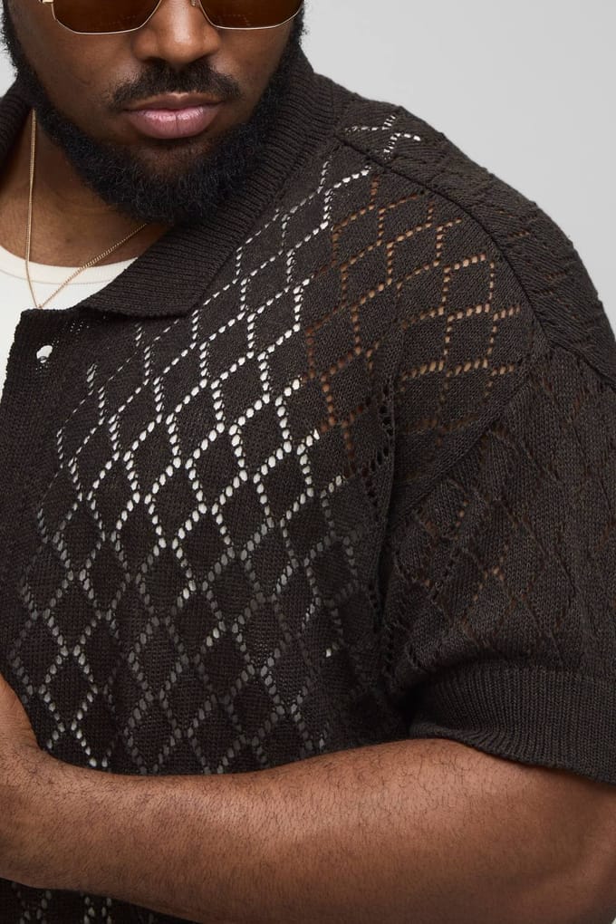 Plus Open Stitch Crochet Ontspannen Poloshirt | Coffee | Size 2XL