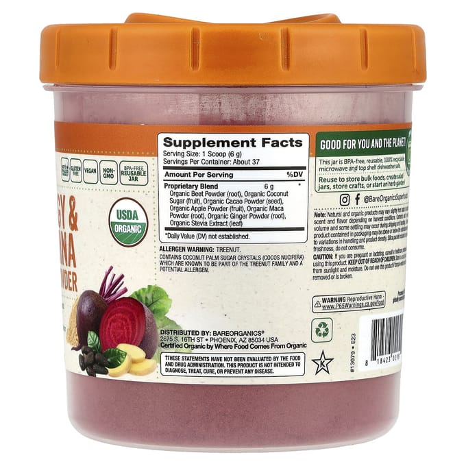 BareOrganics, biologische energie- en uithoudingspoedermix, 227 gram (227 gr)