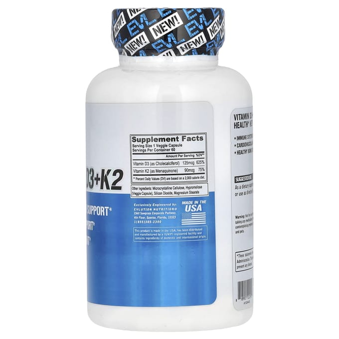 EVLution Nutrition, Vitamine D3 + K2, 60 Plantaardige Capsules