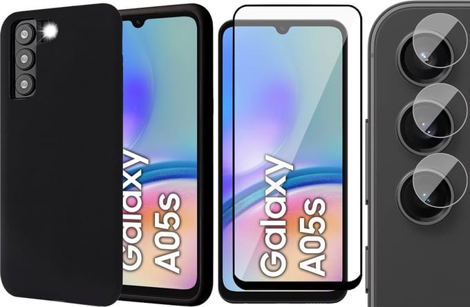 Hoesje geschikt voor Samsung Galaxy A05s - Screenprotector Volledig Dekkend Glas & Camera - Mat Back Case Zwart