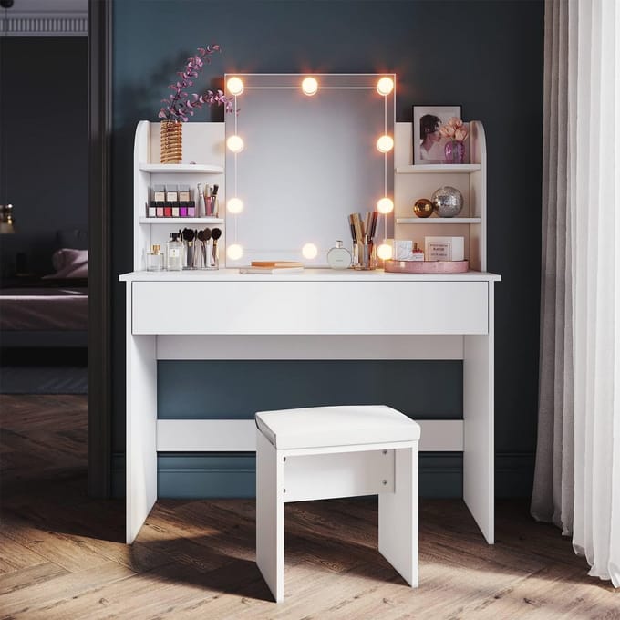 Witte Make-uptafel met Verlichting en Spiegel - Multifunctionele Kaptafel met Kruk en Opbergruimte