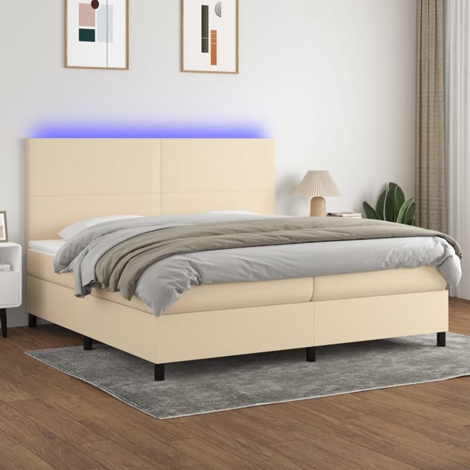 vidaXL - Boxspring - met - matras - en - LED - stof - crèmekleurig - 200x200 - cm