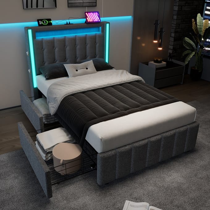 Wishdor Gestoffeerd Bed 90x200 cm - USB/Type-C & LED - 2 Lades - Grijs Linnen - Slim & Compact