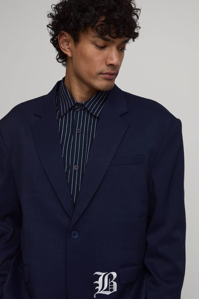 Oversized Blazer Met Visgraat Borduurwerk | Navy | Size 38