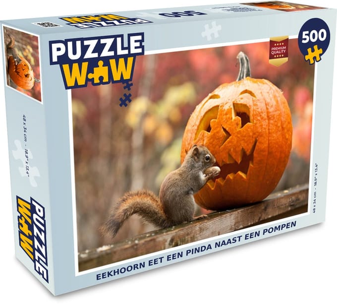 Puzzel Eekhoorn eet een pinda naast een pompen - Legpuzzel - Puzzel 500 stukjes