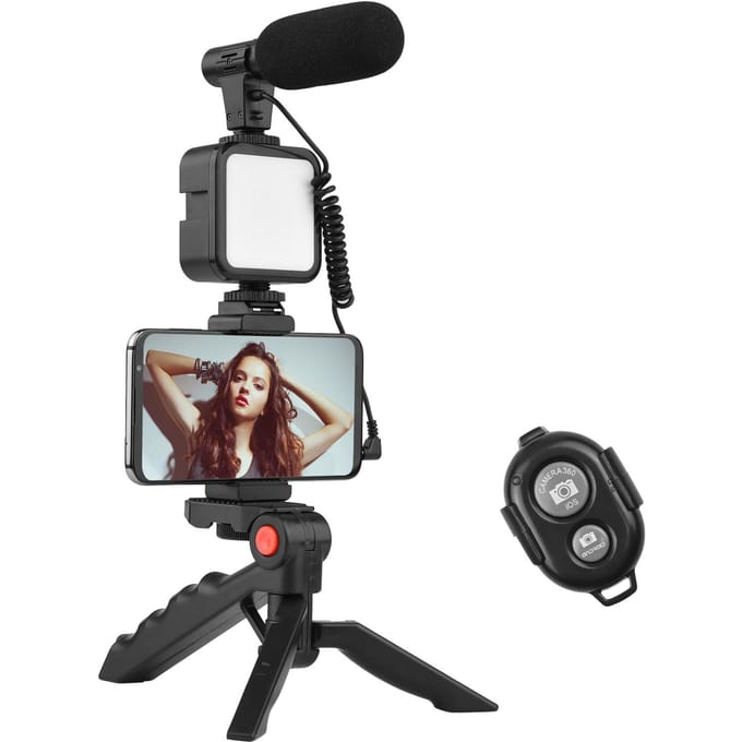 Andoer Phone Vlog Video Kit met tafelstatief Telefoonhouder met Cold Shoe Microfoon LED Video zwart