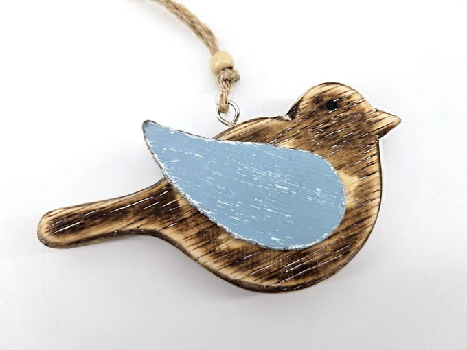 Vogel hangend 7x12cm naturel / blauw