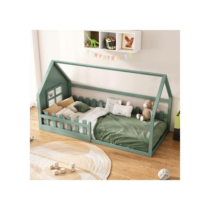90*200cm lit plat, lit d'enfant, barre de maison, vert