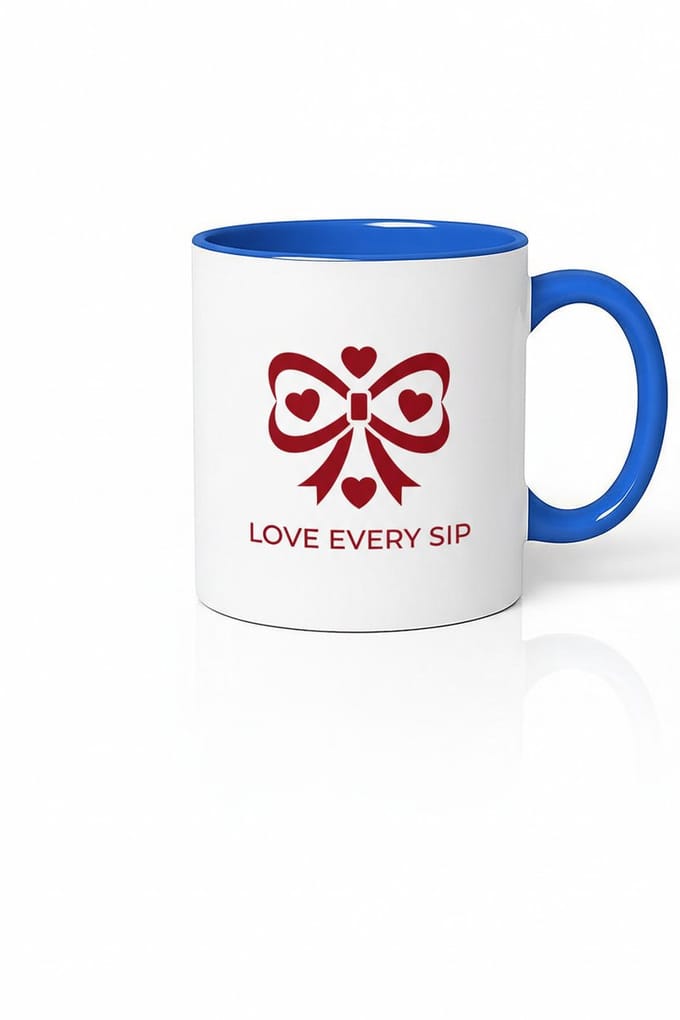 Mok Liefdes Strik met Hartjes - "Love Every Sip" - Wit/Blauw