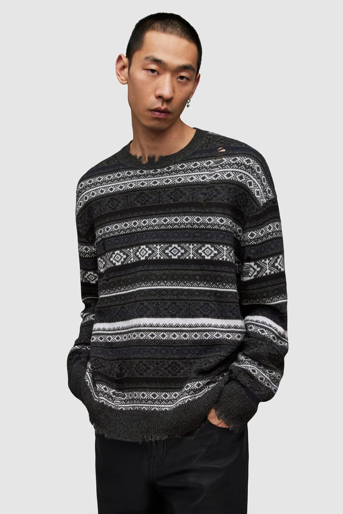 AllSaints Halldor Crew Charcoal Marl Größe: L | Pullover Outlet | Herren | Schwarz