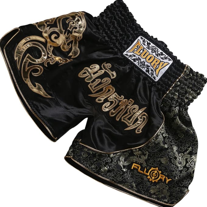 Fluory Muay Thai Short Kickboks Broek Zwart Goud MTSF15 - S