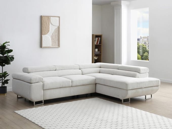 Vente-unique Hoekslaapbank met hoek rechts van beige ribfluweel NURAZIO
