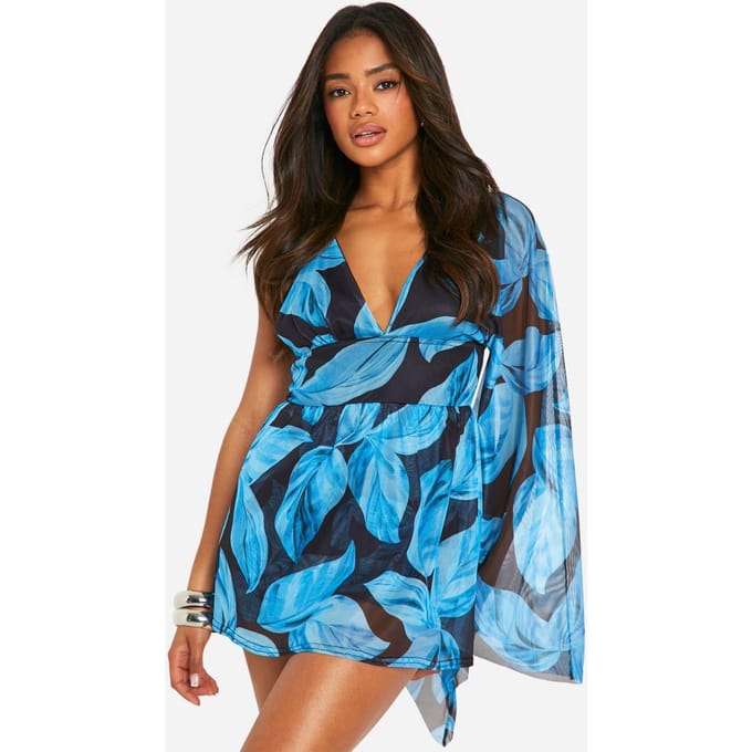 boohoo Dames Gevoerde Mesh Bladerenprint Skort Playsuit | Zwart | Maat: 40