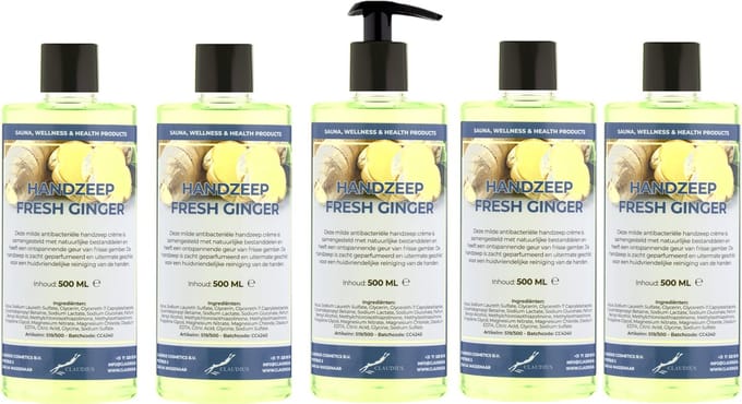 Handzeep Fresh Ginger 500 ml - met gratis pompje - set van 5 stuks - Voordeelverpakking