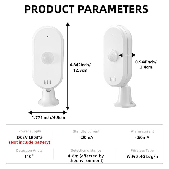Capteur de mouvement PIR WiFi Alarme de sécurité sans fil Détecteur de mouvement infrarouge Alarme sonore et lumineuse blanc