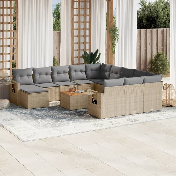 vidaXL - 13-delige - Loungeset - met - kussens - poly - rattan - beige