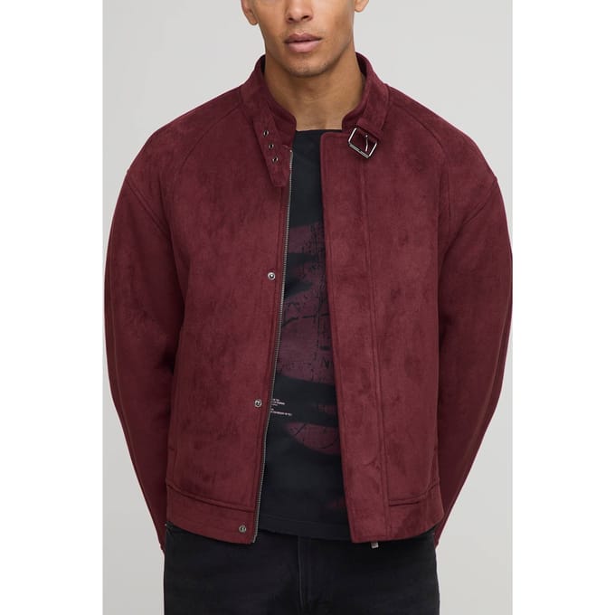 Regular Fit Faux Suede Buckle Collar Biker Jacket | Rust | Size Medium