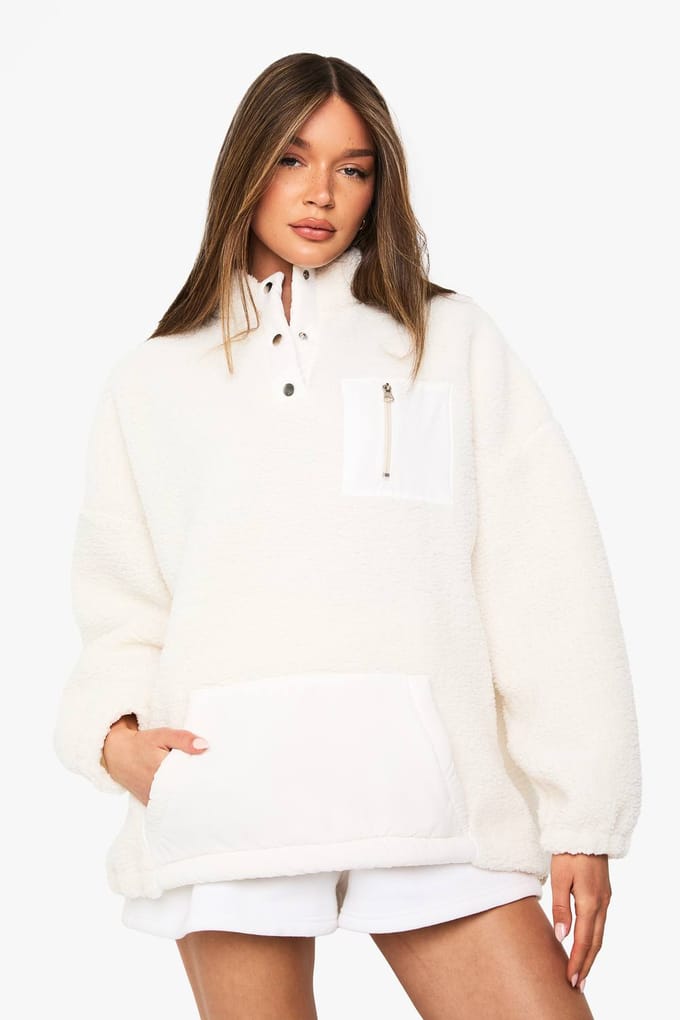 boohoo Dames Popper Trechterkraag Oversized Borg Sweatshirt | Creme | Maat: Small