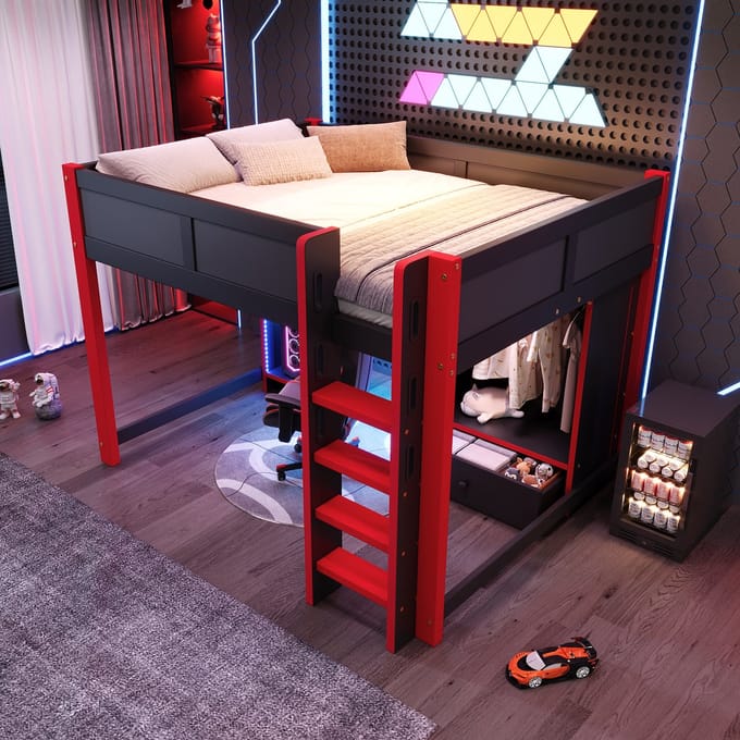 MODFU – Hoogslaper – 140x200 cm – Bureau & Kledingkast – LED – Grenen – Zwart & Rood