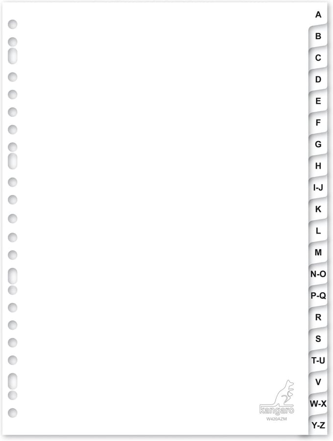Kangaro tabbladen - A4 - PP 120 micron - wit - 23-gaats - 20-delig letters A-Z