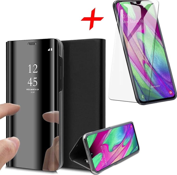 Hoesje geschikt voor Samsung Galaxy A40 - Screen Protector GlassGuard - Book Case Spiegel Zwart & Screenprotector