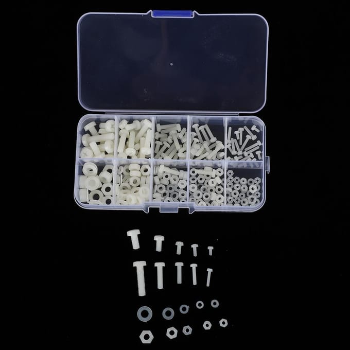270 stuks doos M2M2.5M3M4M5 Nylon Schroef Moer Ring Assortiment Kit Hardware Bevestigingsmiddelen Wit