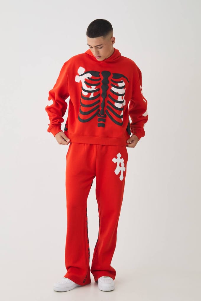 Oversized Boxy Skeleton Puff Print Cross Hoodie | Red | Size Medium