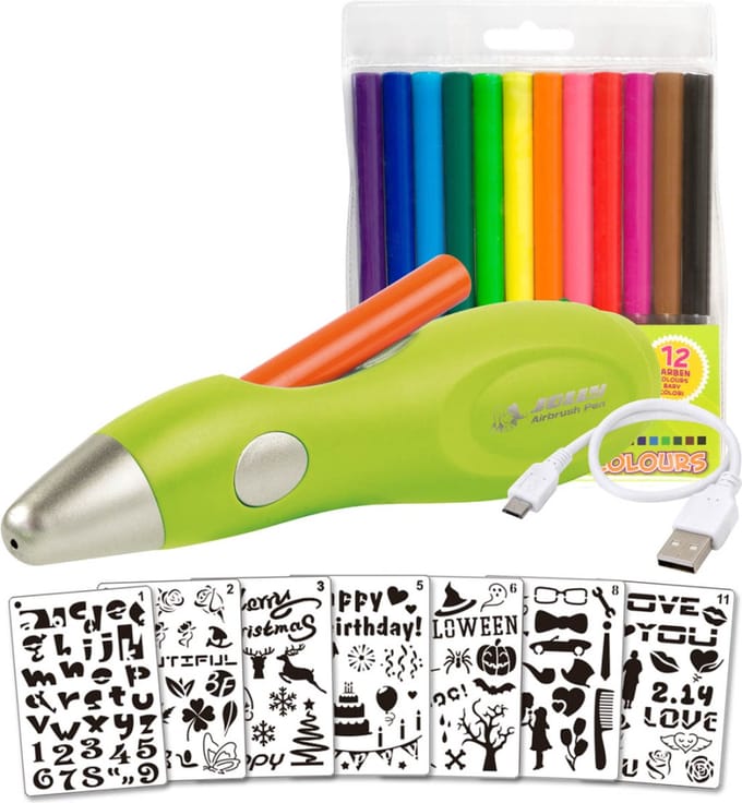 Jolly Airbrush Fun - Schilderen met Spuitpen - Creatieve Set - 12 Kleuren - Inclusief Sjablonen