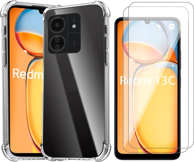 Hoesje geschikt voor Xiaomi Redmi 13C 4G/5G / Poco C65 - 2x Screenprotector Glas - Shockproof Transparant