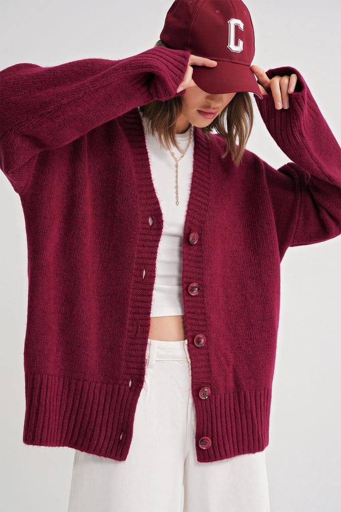 Geknoopte V-hals Geribbelde Breik cardigan