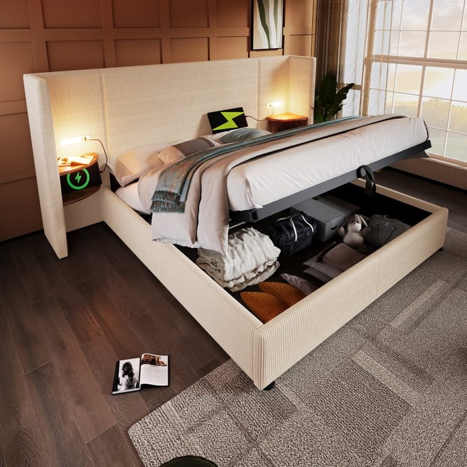 MODFU Bedframe 180x200 cm – Corduroy met leeslamp & 4 laadpoorten – Hydraulisch – Beige