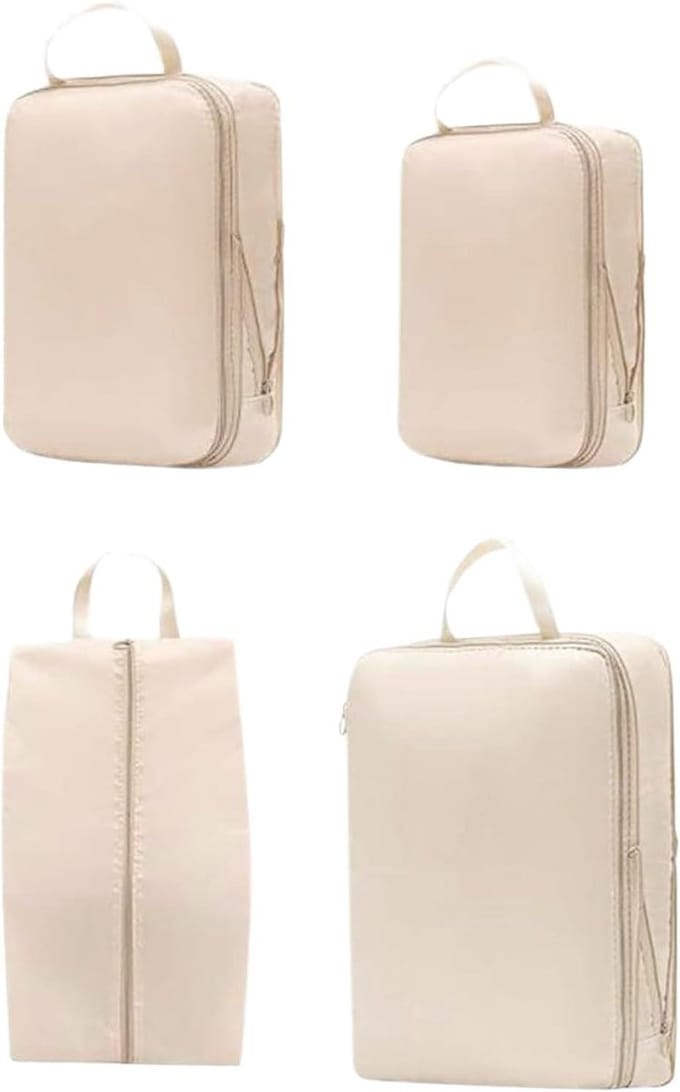 Reis Organizer Set - Koffer Indeler - Bagage Comprimeren - Dubbele Rits Systeem - 4 Delig - Beige