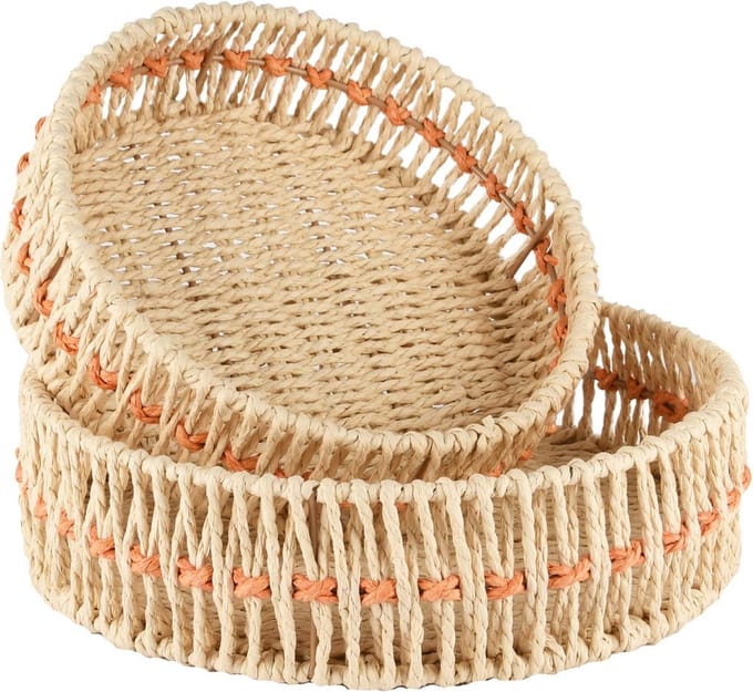 Dekoratief | Set 2 manden rond, naturel/oranje, jute, 30x30x9cm | A250075