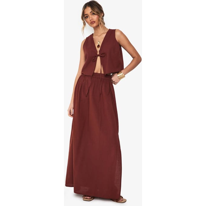 boohoo Dames Linnen look tie-front crop en maxi rok co-ord | Rust | Maat: 6