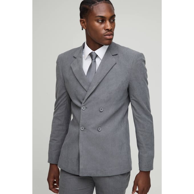 Skinny Fit Double Breasted Cord Blazer | Grey | Size 48