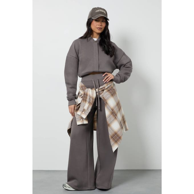 boohoo Dames Bomber Sweatshirt Diepe Zoom Jogger Trainingspak | Charcoal | Maat: Small