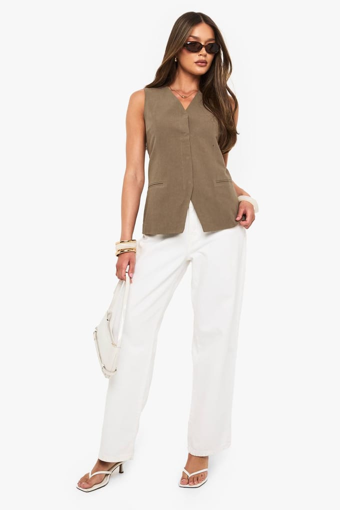 boohoo Dames Linnen Longline V-Hals Getailleerde Weste | Kaki | Maat: 34
