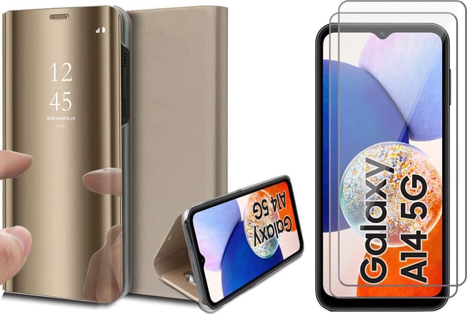 Hoesje geschikt voor Samsung Galaxy A14 - 2x Screen Protector GlassGuard - Book Case Spiegel Goud & Screenprotector