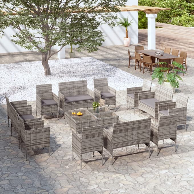 vidaXL - 16-delige - Loungeset - met - kussens - poly - rattan - grijs